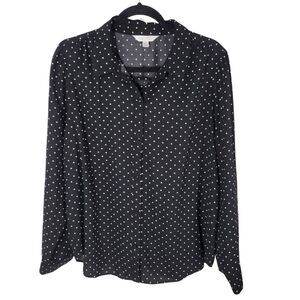 Lauren Conrad Womens Sz XL Black White Polka Dot Long Sleeve Button Down Shirt